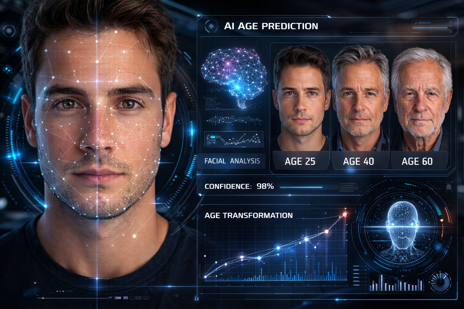 Computer vision interface scanning a human face for AI-powered age prediction and facial aging analysis.
