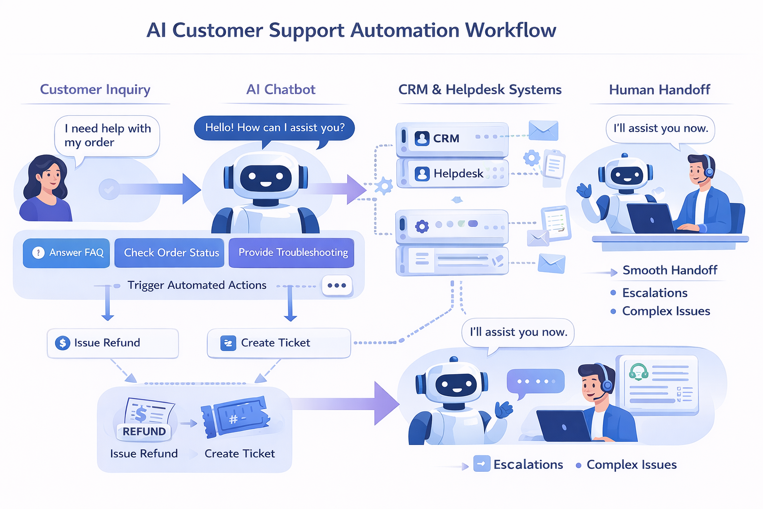 AI customer support automation workflow connecting chatbot CRM and helpdesk