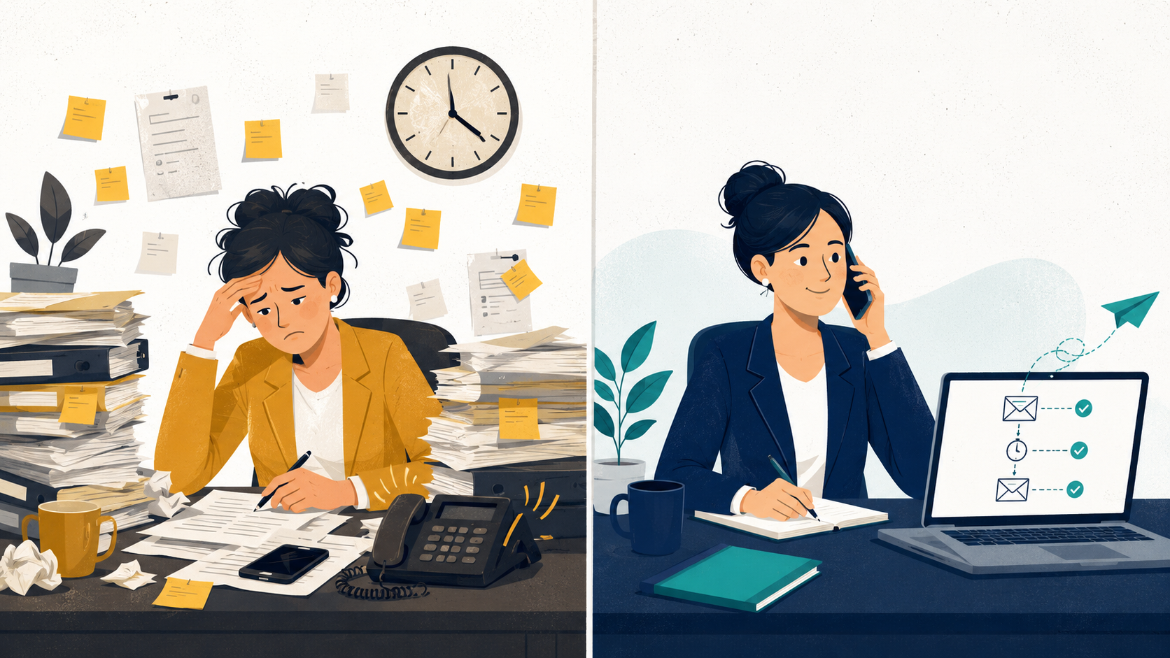 Illustration contrasting a loan officer buried in manual follow-up versus running automated email sequences