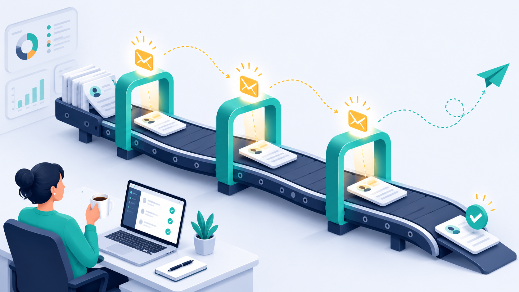 Isometric illustration of borrower files moving through automated email checkpoints in a loan pipeline