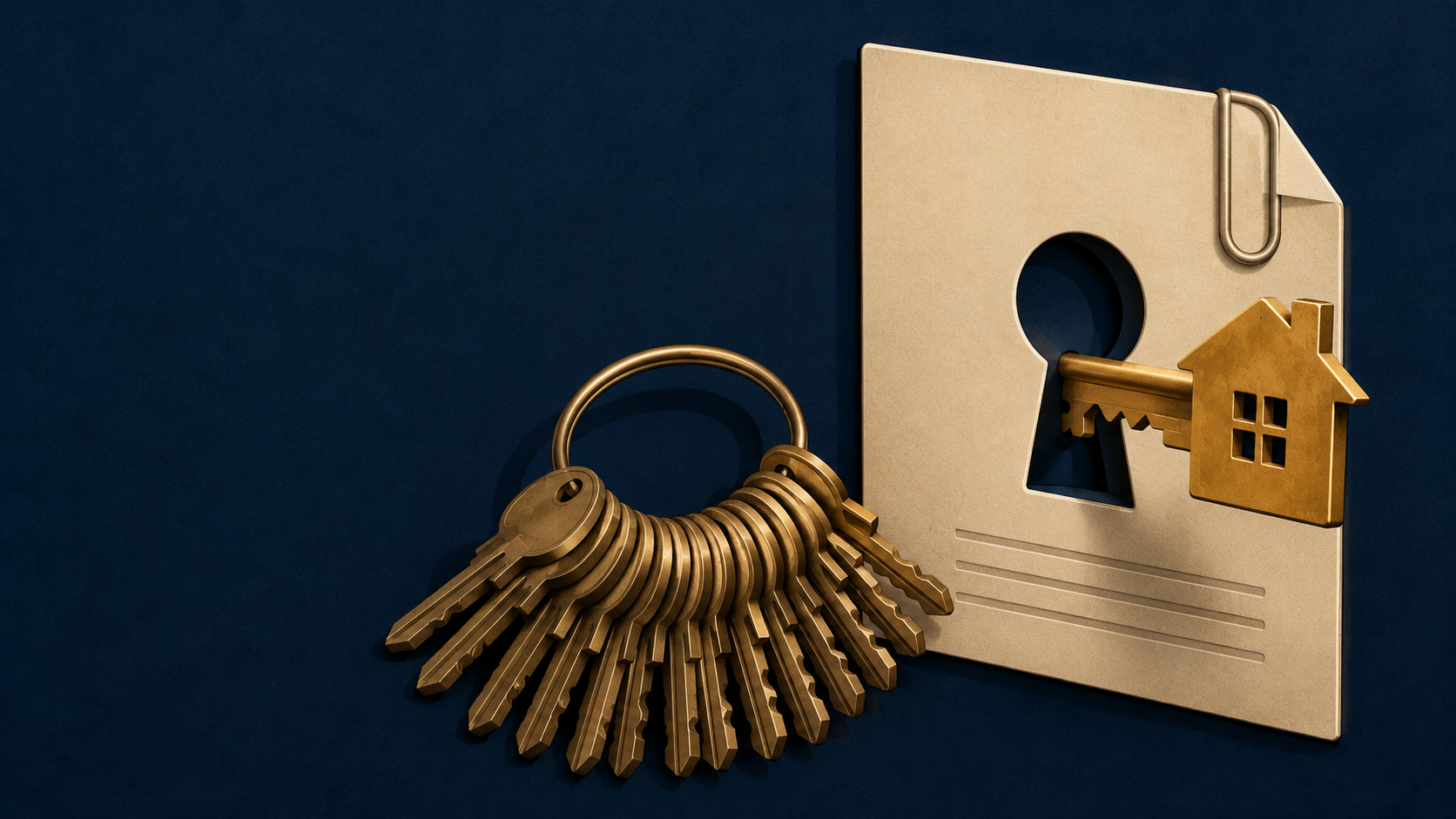 A generic master key next to a house-shaped key fitted into a mortgage document keyhole, symbolizing a mortgage-built CRM versus a generalist one