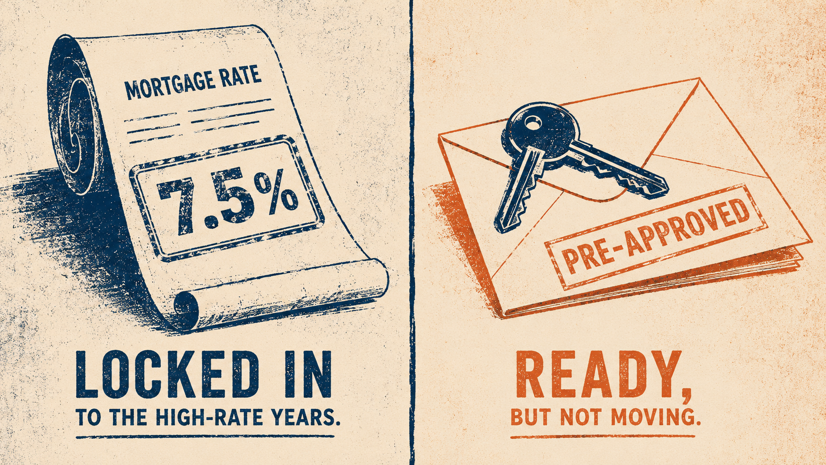 Two-panel illustration: a rate slip stamped 7.5% representing a high-rate refinance candidate, and a house key on an unopened pre-approved envelope representing a hesitant buyer